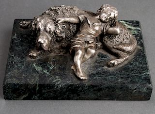 Russian Silver Boy & Dog Napping Sculpture