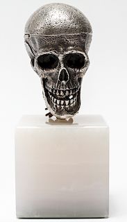 Silver Skull w Removable Brain on Quartz Base