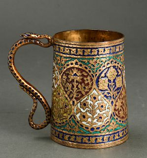 Middle Eastern Champleve Enameled Brass Mug