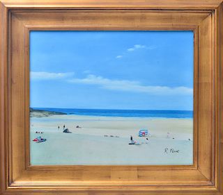R. Flint "Beach Scene With Figures" Oil on Canvas