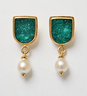18K Yellow Gold Geode Crystals & Pearl Earrings Pr