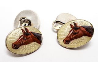 French Silver Enamel Guilloche Horse Cufflinks Pr