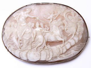 Carved Shell Mythological Scene Gilt Silver Brooch