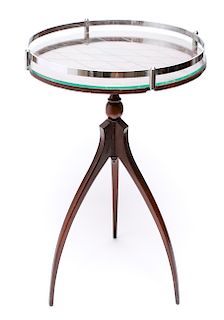 Art Deco Manner Tripod Side Table w Glass Tray Top