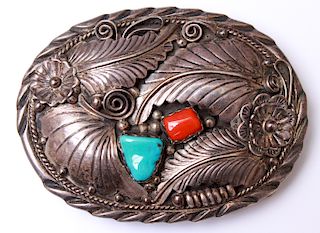 Native American Silver Turquoise & Coral Buckle