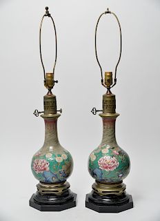 Asian Glazed Peony Flower Porcelain Vases Lamps