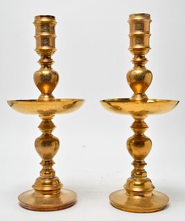 Large Indian Candlesticks Engraved Brass, Pair
