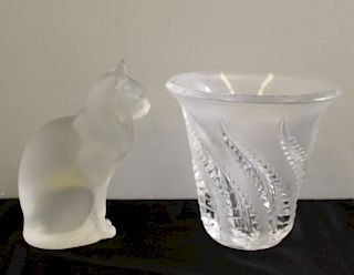LALIQUE France Signed Lot of a Cat and a Vase.