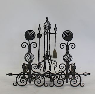Antique Wrought Iron Andirons and Tools