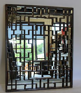Large Antique Asian Style Fret Work Wood Mirror.