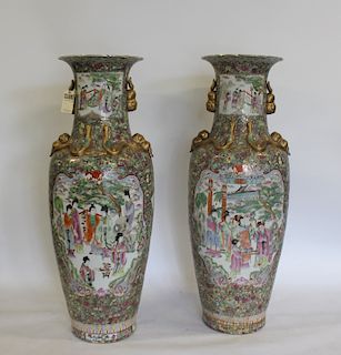Pair of Palace Size Chinese Enamel Decorated Urns