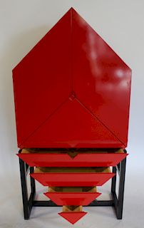 Vintage Red Lacquered Desk On Stand.