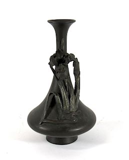 Meiji Bronze 'Iris' Vase Signed Seiya.