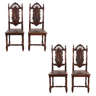 Lote de 4 sillas. Francia. Siglo XX. Estilo Bretón. En talla de madera de roble. Con respaldos semiabiertos, asientos de piel.