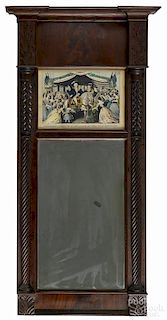 Federal mahogany mirror, ca. 1825, the upper panel fitted with a Kellog and Comstock color lithograph