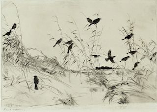 Frank W. Benson (1862-1951) Blackbirds and Rushes