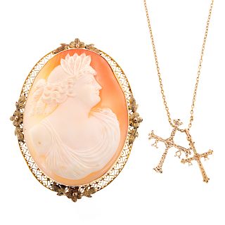 A Ladies Chain with Cross and Cameo Pin in Gold