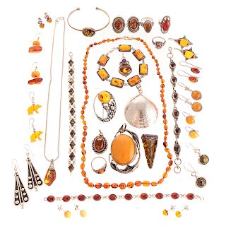 A Collection of Amber Jewelry in Silver