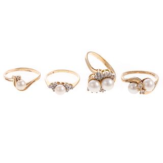 Four Ladies Pearl & Diamond Rings in 14K Gold