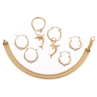 An 18K Italian Bracelet & 3 Pair of Hoop Earrings