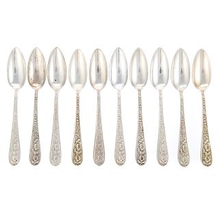 Set of 10 Stieff "Corsage" Sterling Fruit Spoons