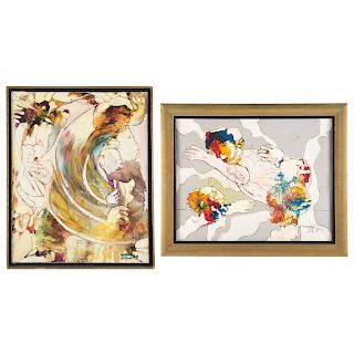 Mario Silva. Two framed mixed medias on canvas