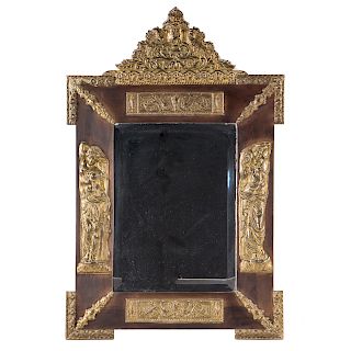 Continental Wood & Brass Repousse Mirror