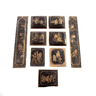 Nine Chinese Raised Lacquer and Wood Panels
