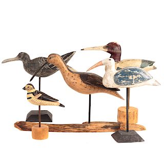 Four Carved/Painted Wood Shore Birds & Song Bird