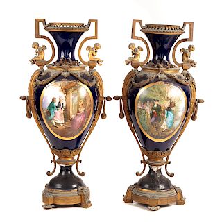 Pair Sevres Style Gilt Metal Mounted Urns