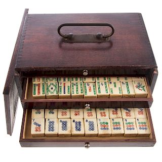 Chinese Mahjong Set In Fitted Wood Carrying Case
