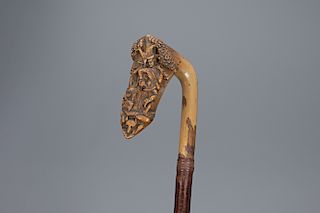 Cane with Hunter, Gun, and Game on Handle
