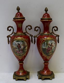 SEVRES. A Signed Pair Of Bronze Mounted Urns.