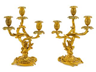 A Pair of Louis XV Style Gilt Bronze Three-Light Candelabra