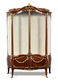 A Louis XV Style Gilt Bronze Mounted Parquetry Vitrine Cabinet