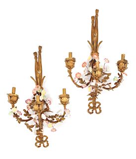 A Pair of Louis XV Style Gilt Bronze and Porcelain Three-Light Sconces
