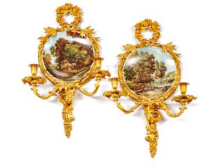 A Pair of Louis XV Style Gilt Bronze and Porcelain Two-Light Girandoles 