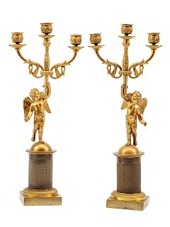 A Pair of Empire Gilt Bronze Three-Light Candelabra 