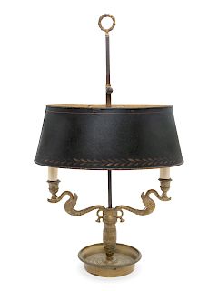 An Empire Style Brass and Painted Tôle Two-Light Bouillotte Lamp