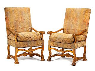 A Pair of French Renaissance Revival Carved Giltwood Armchairs 