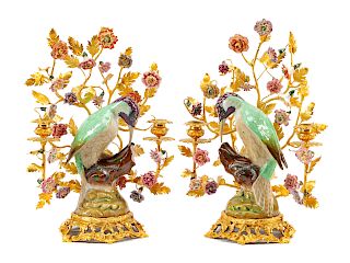 A Pair of French Gilt Bronze, Gilt Metal and Porcelain Two-Light Candelabra