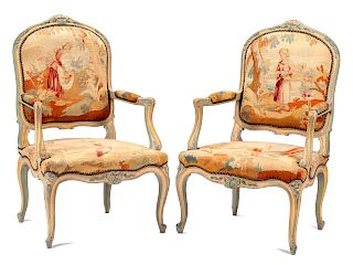 A Pair of Italian Carved and Painted Fauteuils