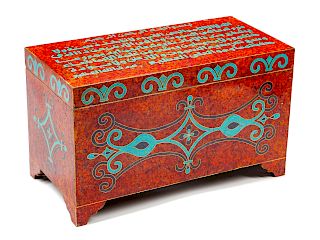 A Continental Turquoise, Brass, Lapis Lazuli and Amber Inlaid Trunk 