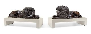 A Pair of Continental Bronze Models of Recumbent Lions
