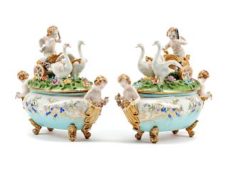 A Pair of German Porcelain Figural Tureens