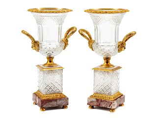 A Pair of Continental Gilt Bronze Mounted Cut Glass Urns 