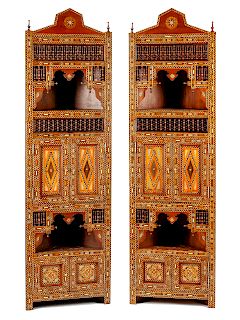 A Pair of Moorish Style Mother-of-Pearl Inlaid Corner Cabinets 