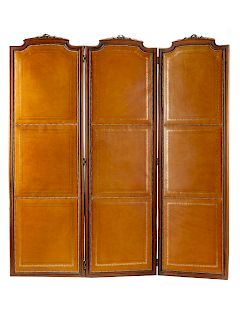 An English Mahogany and Tooled Leather Three-Panel Floor Screen
