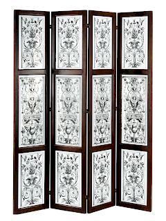 An English Mahogany and Etched Glass Four-Panel Floor Screen