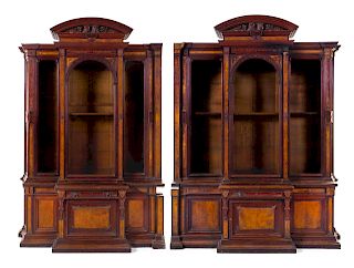 A Pair of Victorian Mahogany and Burlwood Breakfront Bookcases